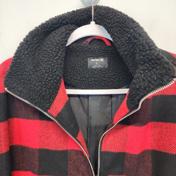 Hurley Teddy Fur Buffalo Plaid Jacket Size L Black Red 1/2 Zip Gorp Lumberjack - Picture 4 of 15